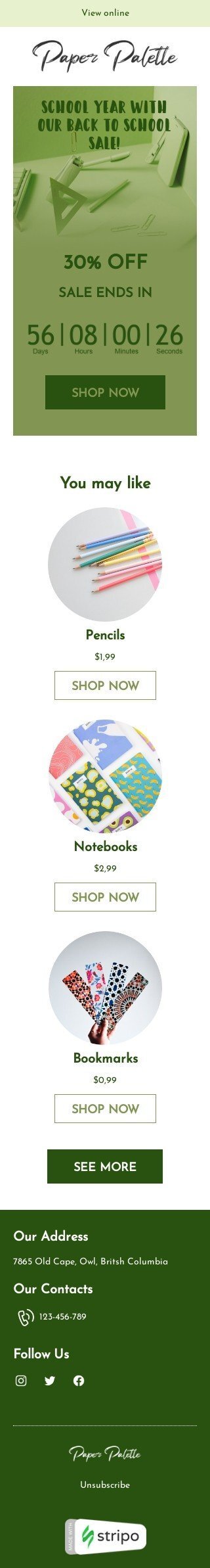 Back to school email template "Stationery items" for books & presents & stationery industry mobile view