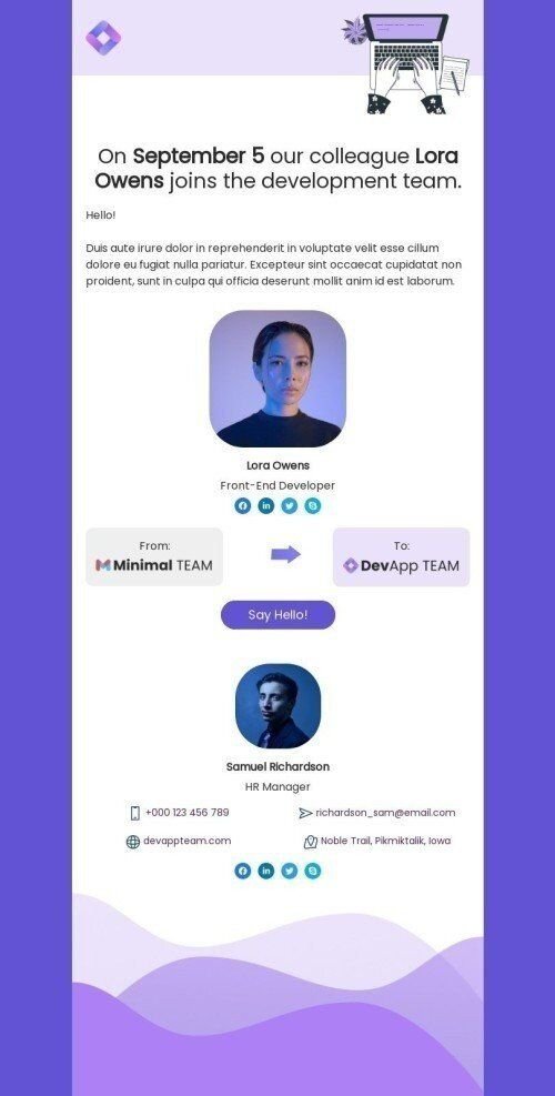 Announcement Email Template "Moving to a new development team" for Software & Technology industry mobile view