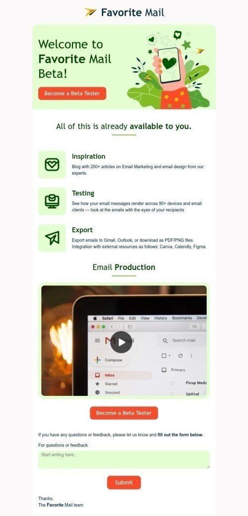 Modello Email Annuncio «Benvenuto in Favorite Mail Beta» per il settore industriale di Software e tecnologia Visualizzazione desktop