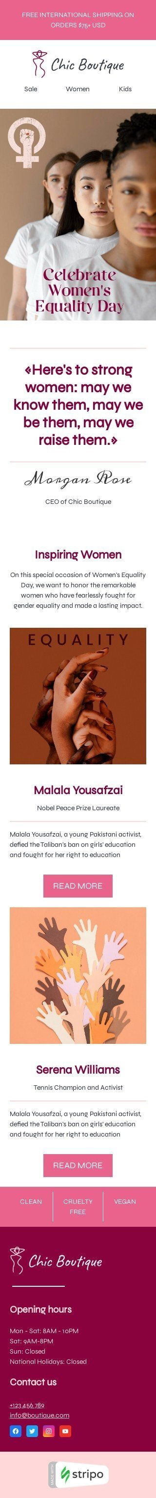 Der Tag der Gleichstellung der Frau E-Mail-Vorlage «Starke Frauen» für Mode-Branche Ansicht auf Mobilgeräten