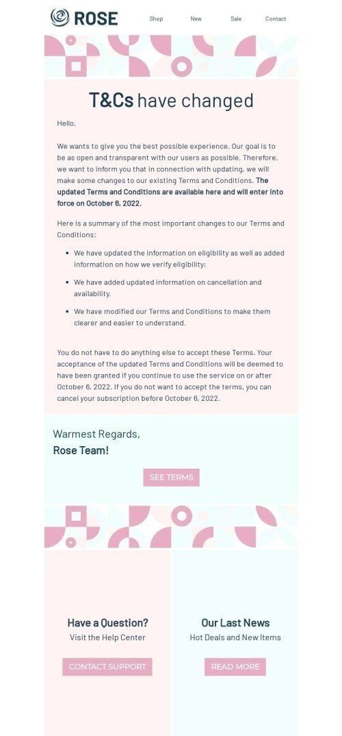 Bekanntmachung E-Mail-Vorlage «Die AGB haben sich geändert» für Mode-Branche Ansicht auf Mobilgeräten