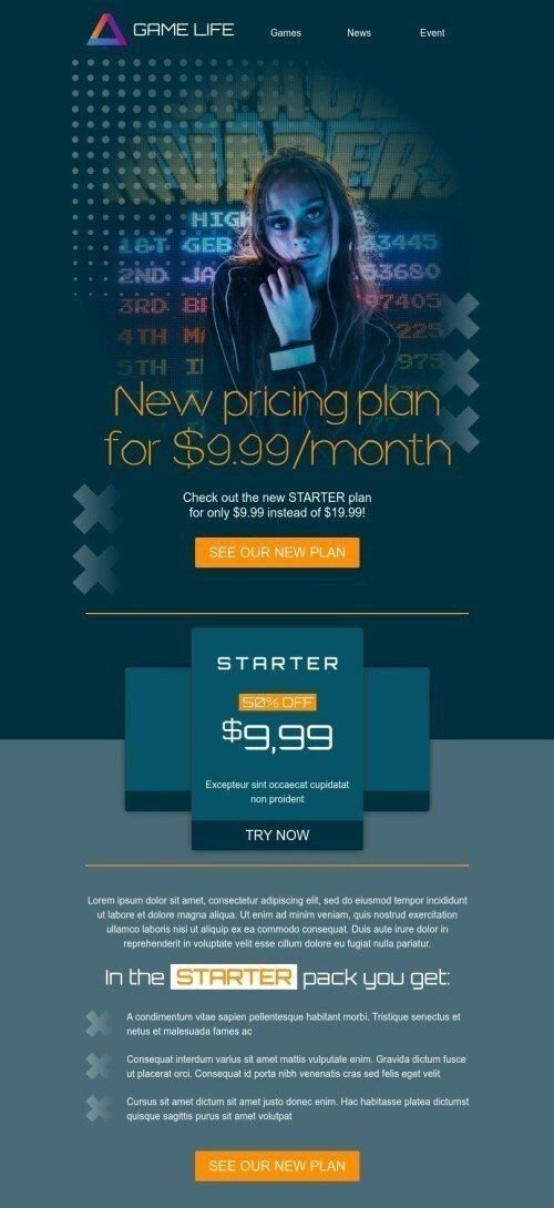 Announcement Email Template "New pricing plan" for Gaming industry mobile view