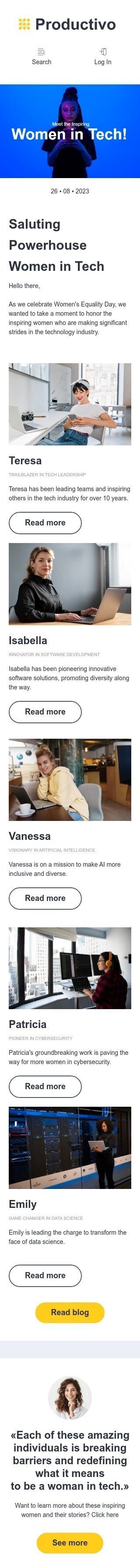 Plantilla de correo electrónico «Mujeres en tecnología» de Día Internacional de la Mujer para la industria de negocios Vista de móvil