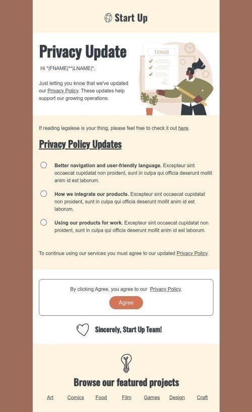 Шаблон листа «Оновлення конфіденційності» тематики Анонс для індустрії «Краудфандинг» десктопний вигляд