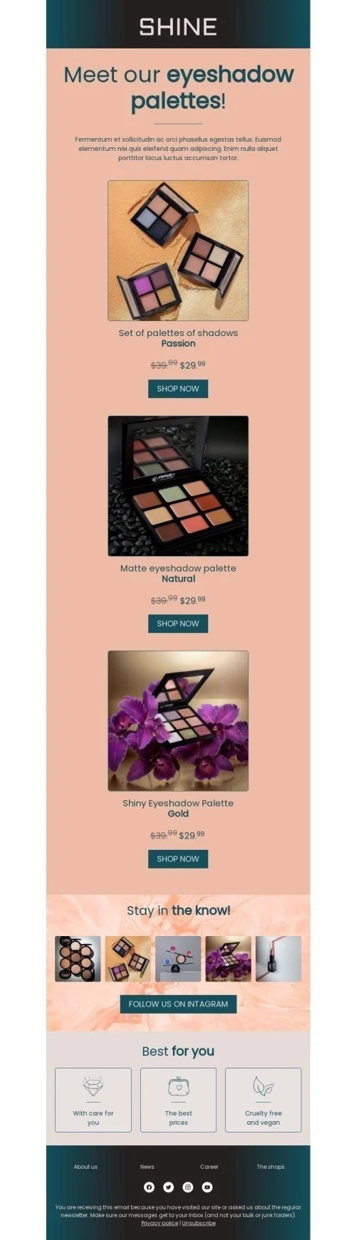 Product Launch Announcement Email Template "Meet eyeshadow palettes" for Beauty & Personal Care industry
