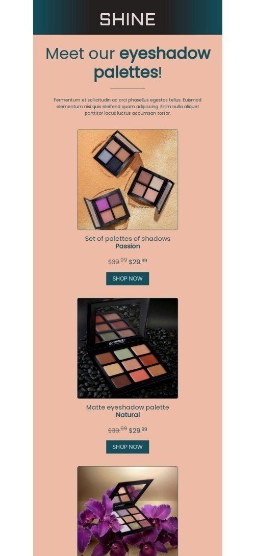 Product Launch Announcement Email Template "Meet eyeshadow palettes" for Beauty & Personal Care industry mobile view
