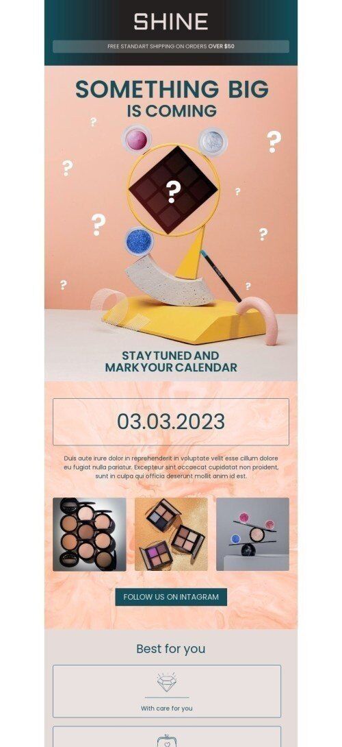 Product Launch Announcement Email Template "Stay tuned" for Beauty & Personal Care industry mobile view