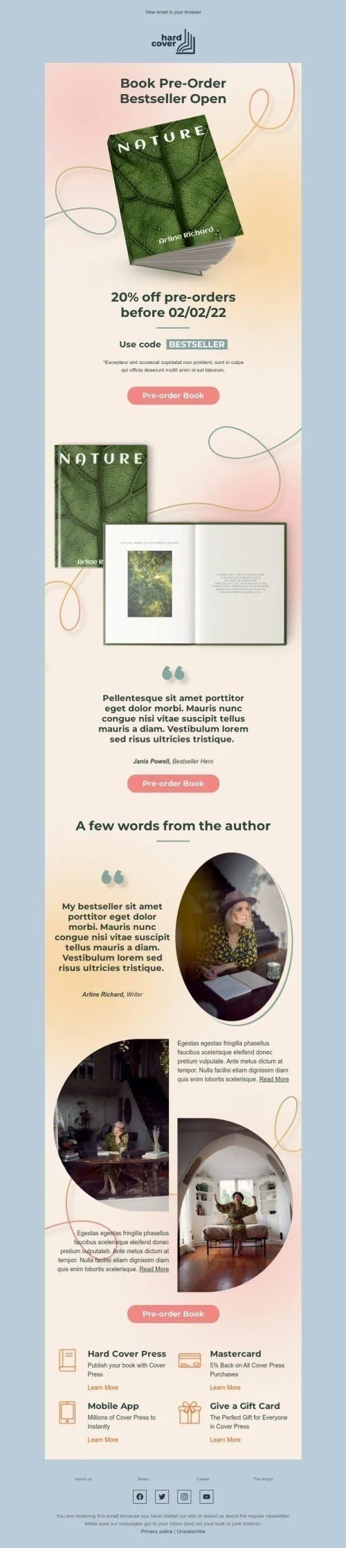 Product Launch Announcement Email Template "Book Pre-Order Bestseller Open" for Books & Presents & Stationery industry