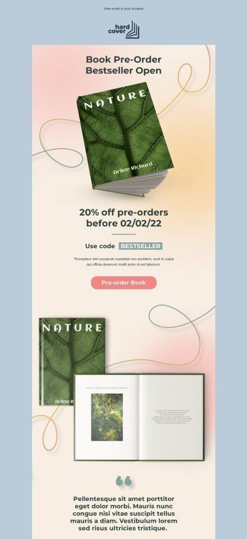 Product Launch Announcement Email Template "Book Pre-Order Bestseller Open" for Books & Presents & Stationery industry mobile view