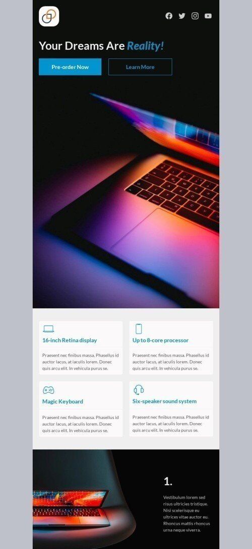 Modello Email Annuncio di lancio del prodotto «I tuoi sogni sono realtà» per il settore industriale di Gadget Visualizzazione mobile