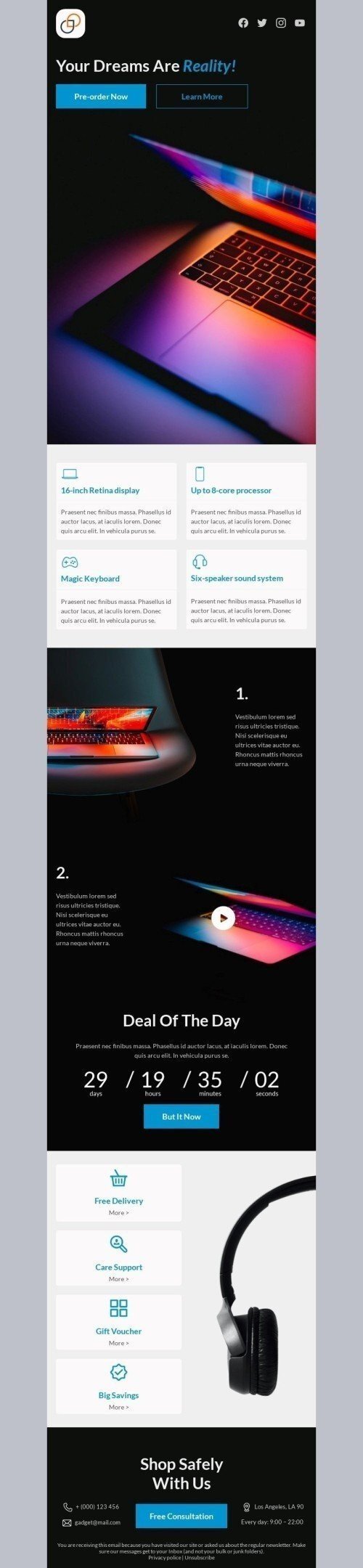 Product Launch Announcement Email Template "Your Dreams Are Reality" for Gadgets industrydesktop view