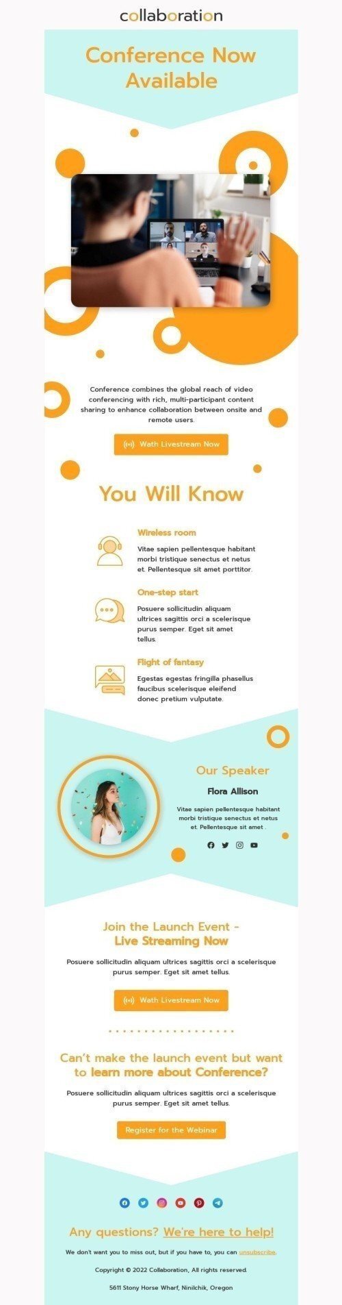 Modèle de courrier électronique Annonce de lancement de produit «Conférence maintenant disponible» pour le secteur Webinars Affichage ordinateur