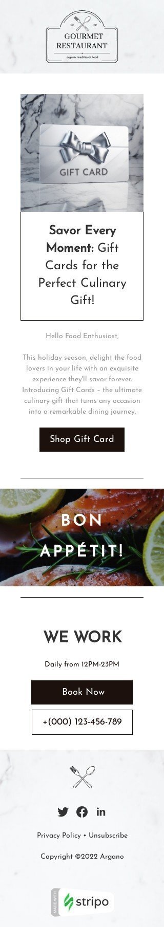 Gift сard email template "Savor every moment" for restaurants industry mobile view