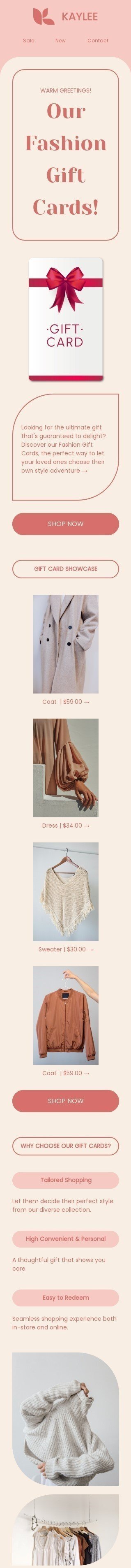 Gift сard email template "Our fashion gift cards" for fashion industry mobile view