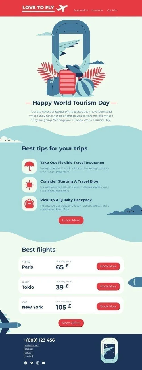 World Tourism Day Email Template "Best tips for your trips" for Airline industry