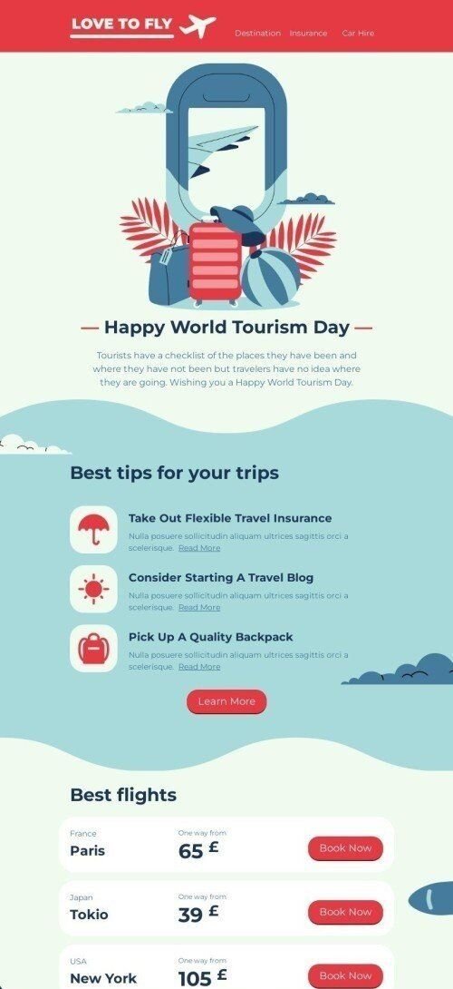 Plantilla de correo electrónico «Los mejores consejos para tus viajes» de Día mundial del turismo para la industria de Aerolínea Vista de móvil