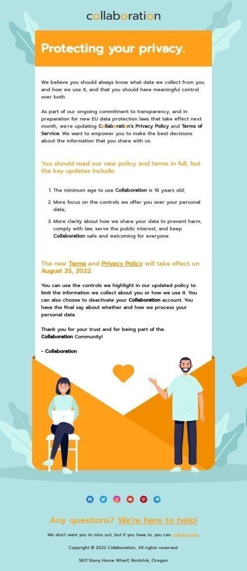 Terms of Service Email Template "Protecting your privacy" for Webinars industrydesktop view
