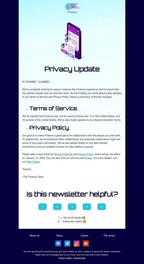 Terms of Service Email Template "Privacy Update" for Finance industry