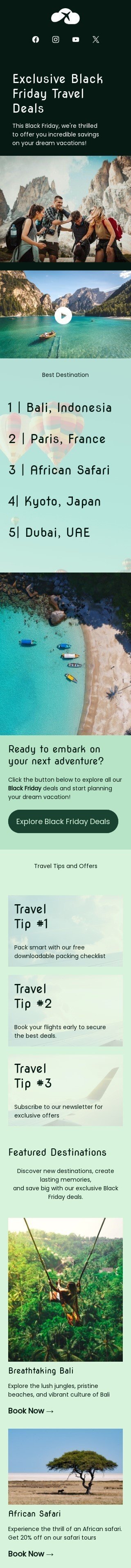 Modello email Black Friday «Offerte di viaggio per il Black Friday» per il settore industriale di turismo Visualizzazione mobile