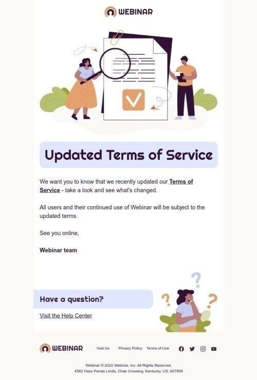 Plantilla de correo electrónico «Términos de servicio actualizados» de Términos de servicio para la industria de Seminarios en línea Vista de móvil