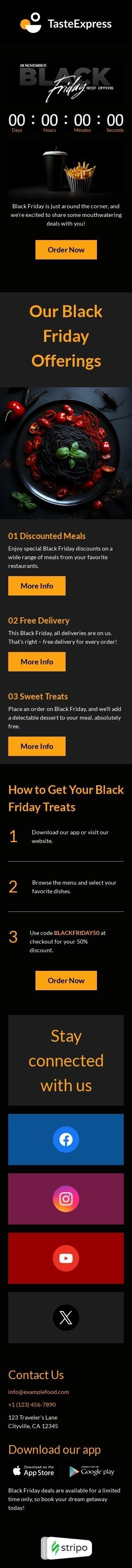 Black Friday email template "Unwrap delicious deals" for food industry mobile view
