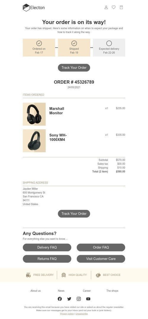 Delivery Email Template "Order is on its way" for Gadgets industry desktop view
