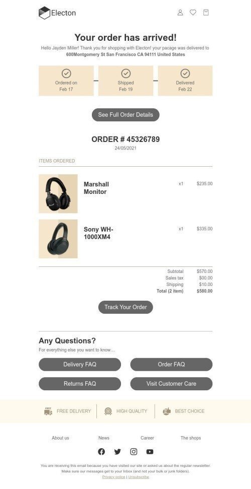Delivery Email Template "Your order has arrived" for Gadgets industry mobile view