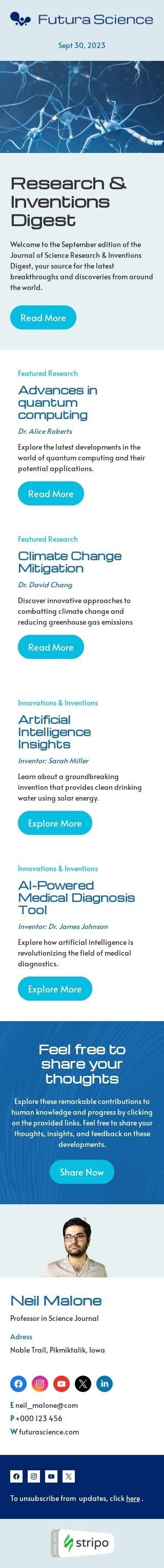 Plantilla de correo electrónico «Resumen de investigación e invenciones» de boletines para la industria de correo electrónico del profesor Vista de móvil