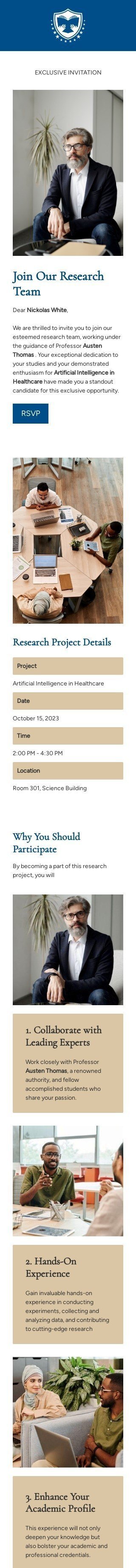 Modèle de courrier électronique événements «Rejoignez notre équipe de recherche» pour le secteur courriel du professeur Affichage mobile