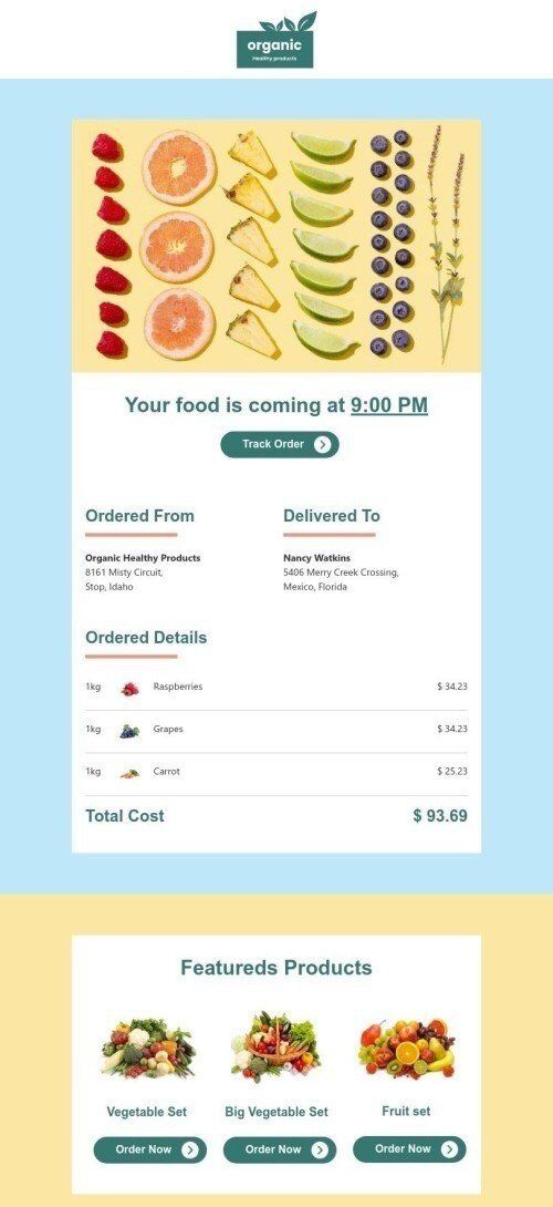 Modelo de E-mail de «Sua comida está chegando» de Entrega para a indústria de Alimentação Visualização de dispositivo móvel