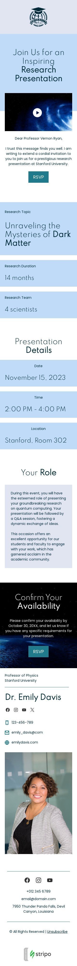 Plantilla de correo electrónico «Presentación de investigación inspiradora» de eventos para la industria de correo electrónico del profesor Vista de móvil