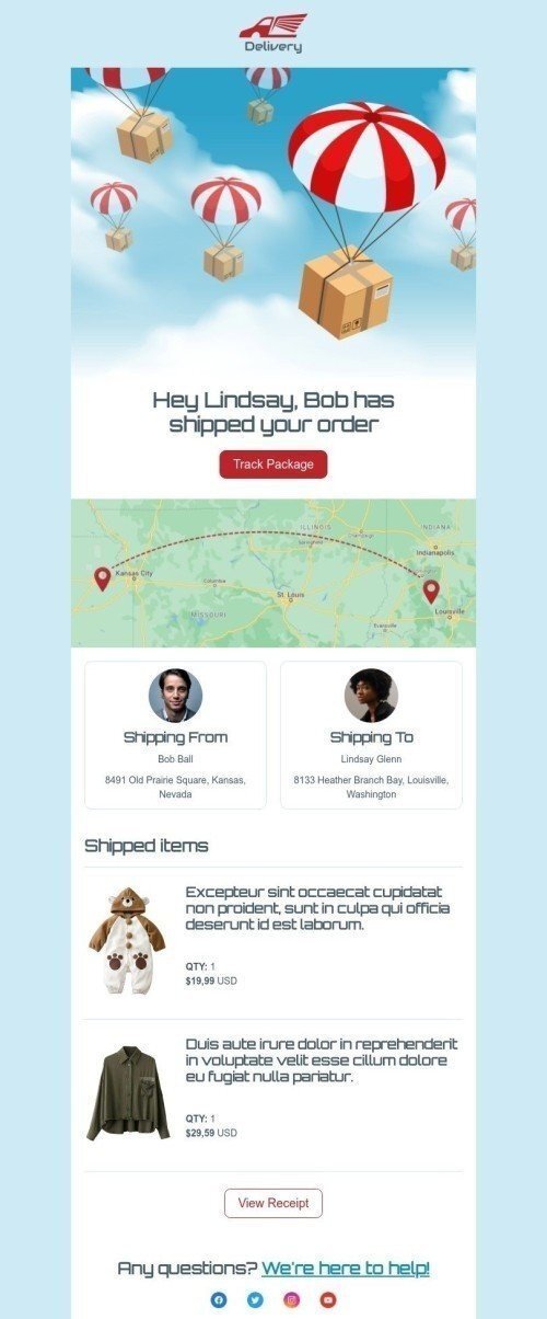 Шаблон листа «Боб відправив ваше замовлення» тематики Доставка для індустрії «Мода» мобільний вигляд