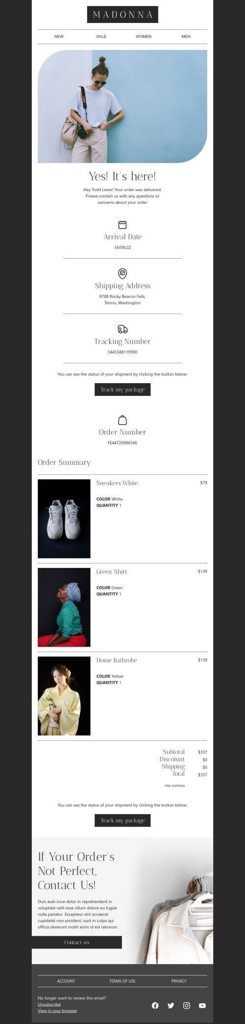 Lieferung E-Mail-Vorlage «Ja! Es ist hier!» für Mode-Branche Ansicht auf Mobilgeräten