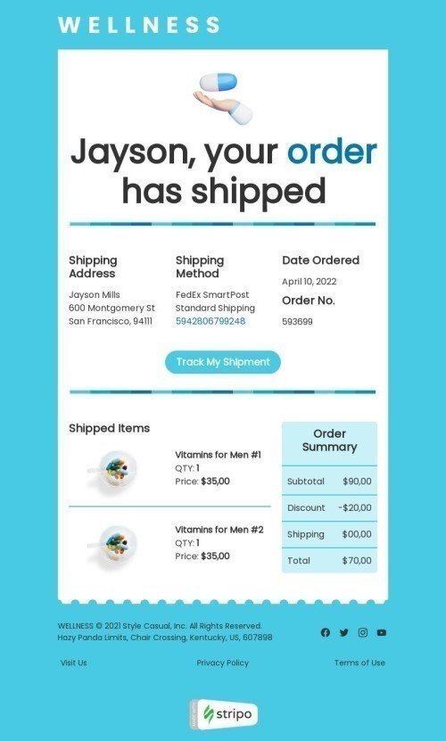 Delivery Email Template "Shipped items" for Health and Wellness industrydesktop view