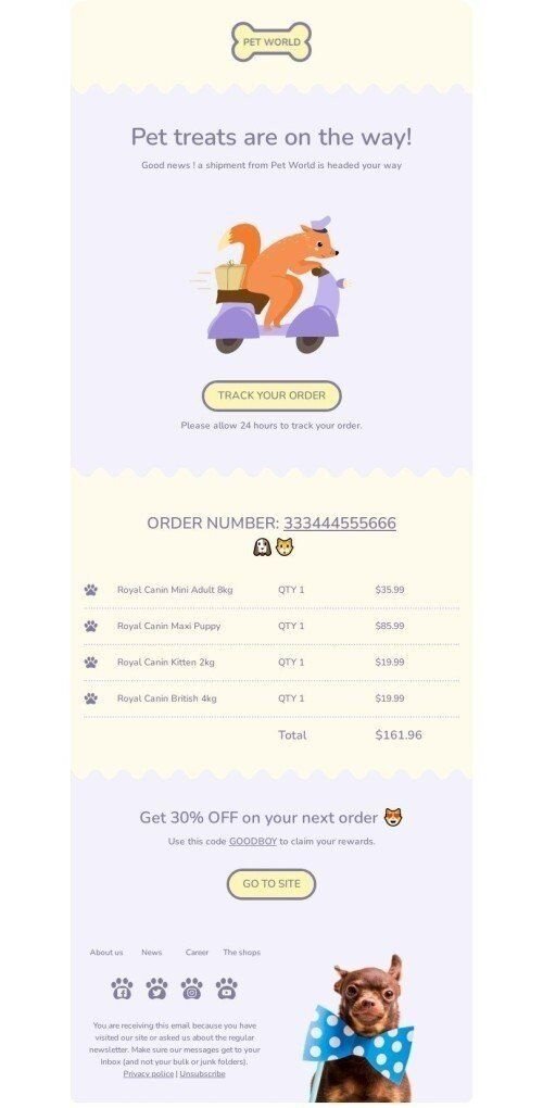 Modello Email Consegna «Stanno arrivando i bocconcini per animali» per il settore industriale di Animali domestici Visualizzazione mobile