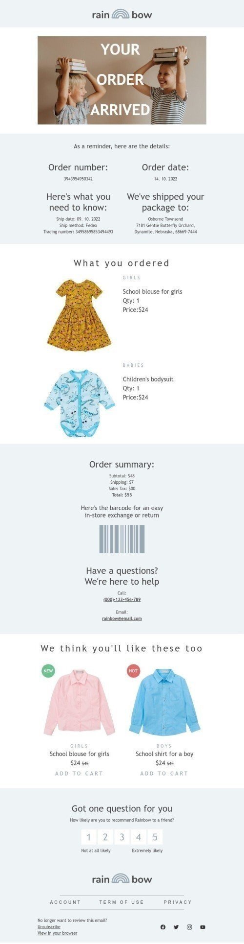 Delivery Email Template "Your order arrived" for Kids Goods industry mobile view