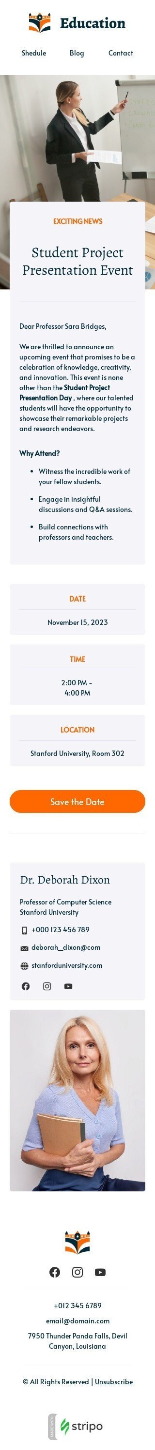 Шаблон листа «Презентація студентського проєкту» тематики події для індустрії «Лист від професора» мобільний вигляд