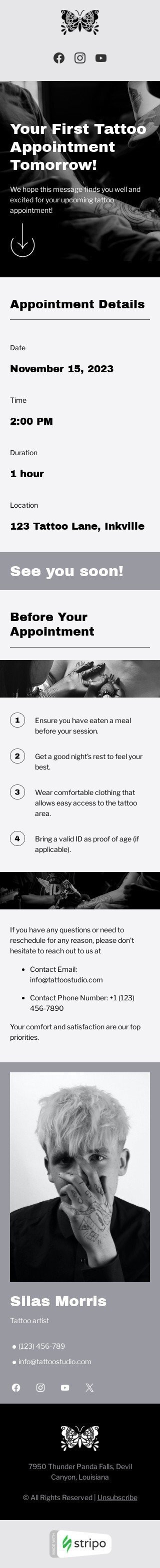 Modelo de e-mail de «Primeira consulta de tatuagem» de eventos para a indústria de tatuagem Visualização de dispositivo móvel