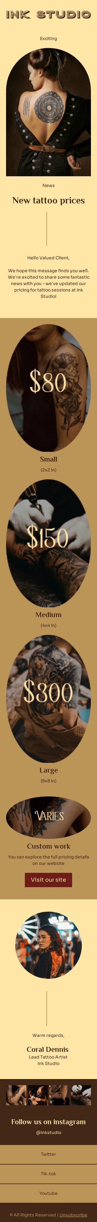 Plantilla de correo electrónico «Nuevos precios de tatuajes» de lista de precios para la industria de tatuajes Vista de móvil