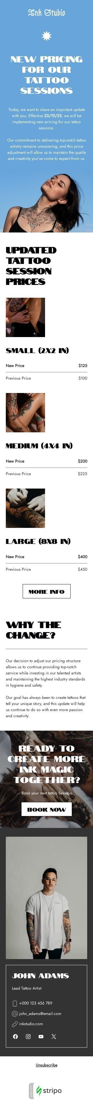 Шаблон листа «Нові ціни на наші сеанси татуювання» тематики прайс-лист для тату-індустрії мобільний вигляд