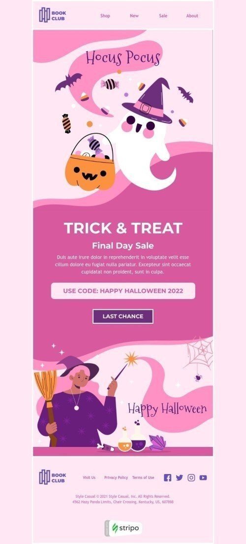 Plantilla de correo electrónico «Truco y trato» de Halloween para la industria de Libros y regalos y papeleríaVista de escritorio