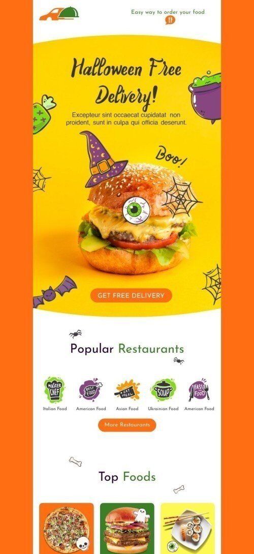 Halloween Email Template "Halloween free delivery" for Food industry mobile view