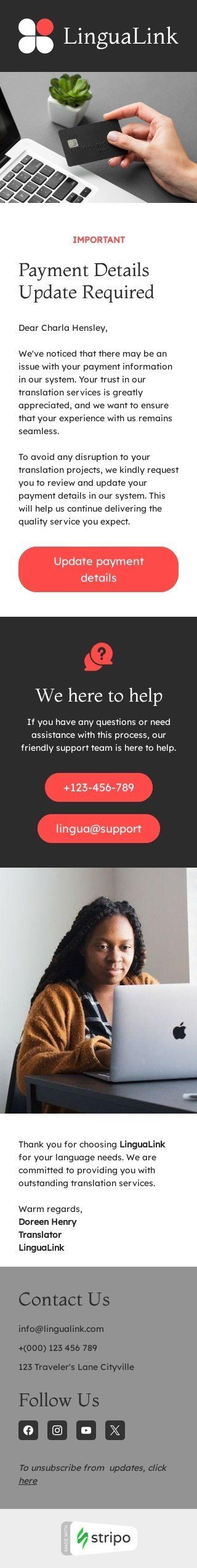 Шаблон листа «Оновлення платіжних реквізитів» тематики підтвердження замовлення для індустрії «Переклади» мобільний вигляд