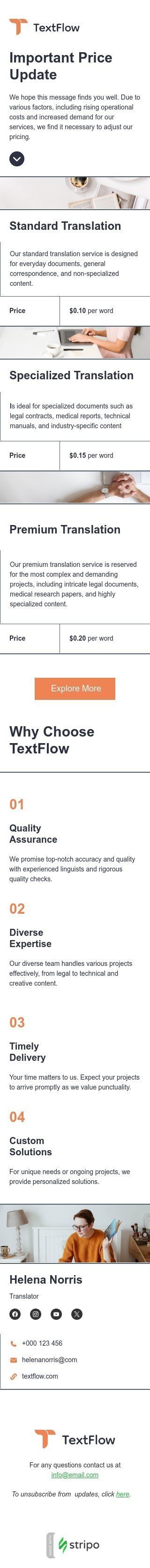Modelo de e-mail de «Atualização importante de preços» de lista de preços para a indústria de tradução Visualização de dispositivo móvel