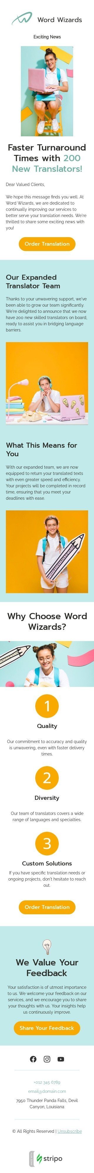 Modelo de e-mail de «200 novos tradutores» de promoção para a indústria de tradução Visualização de dispositivo móvel