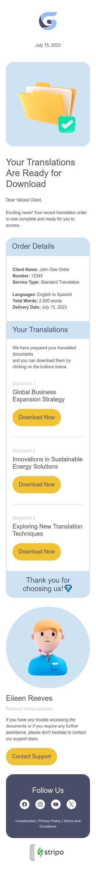 Auftragsbestätigung E-Mail-Vorlage «Ihre Übersetzungen sind fertig» für Übersetzung-Branche Ansicht auf Mobilgeräten