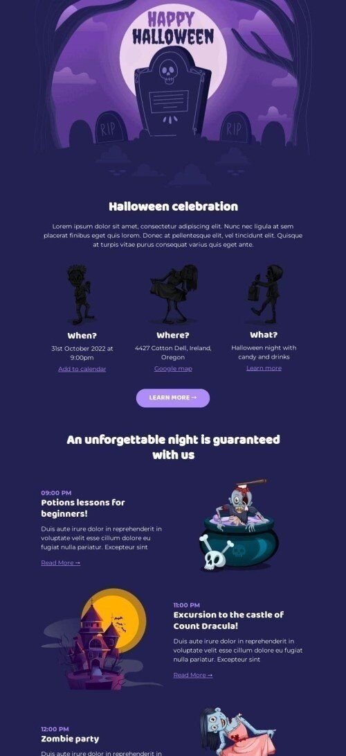 Halloween Email Template "Night party" for Hobbies industry mobile view