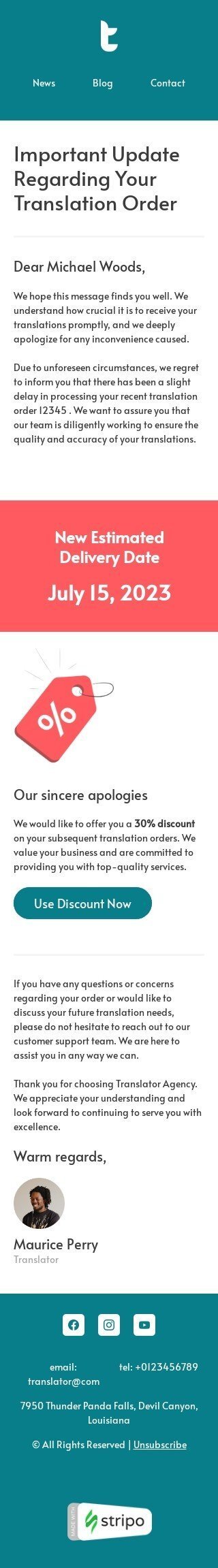 Шаблон листа «Важливе оновлення» тематики підтвердження замовлення для індустрії «Переклади» мобільний вигляд