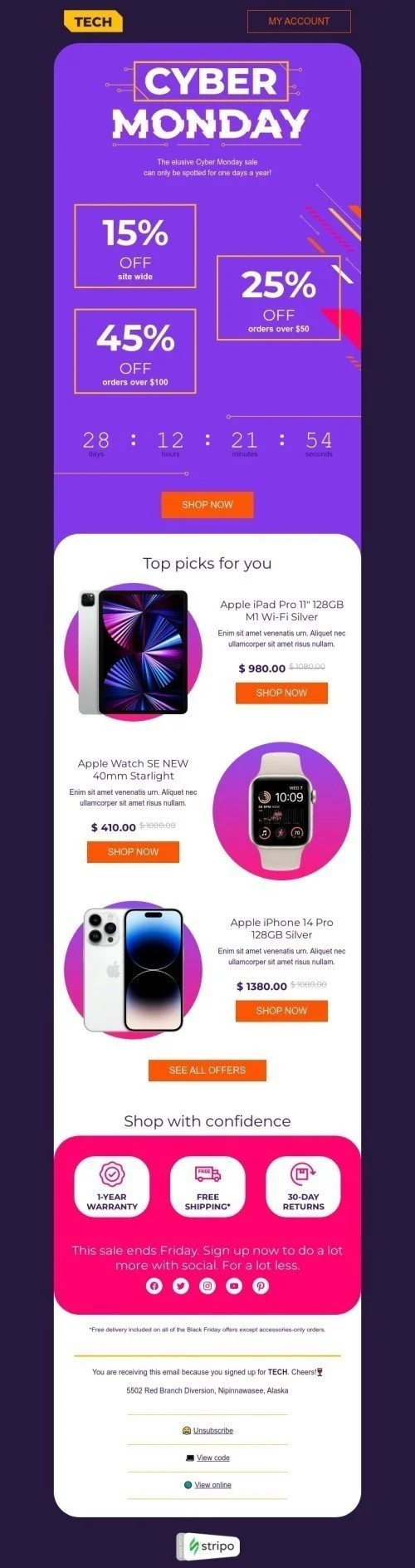 Cyber Monday email template "Top picks for you" for gadgets industry