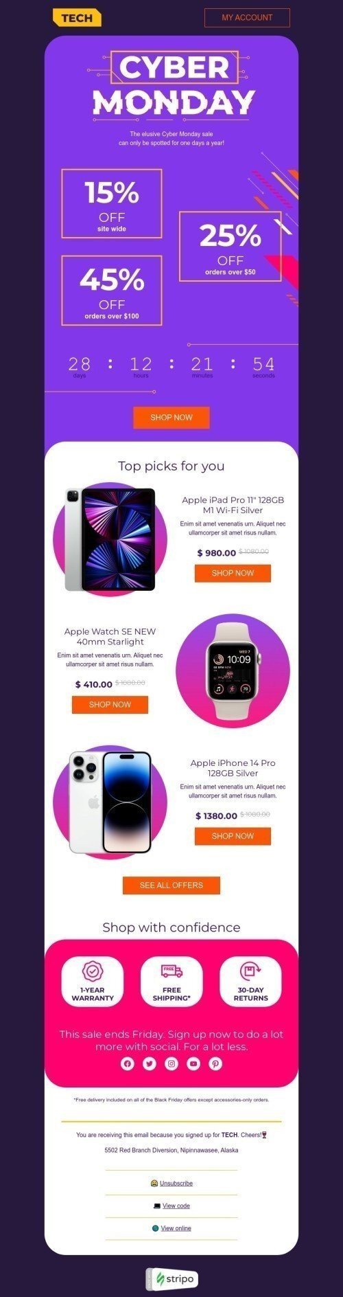Cyber Monday email template "Top picks for you" for gadgets industry desktop view